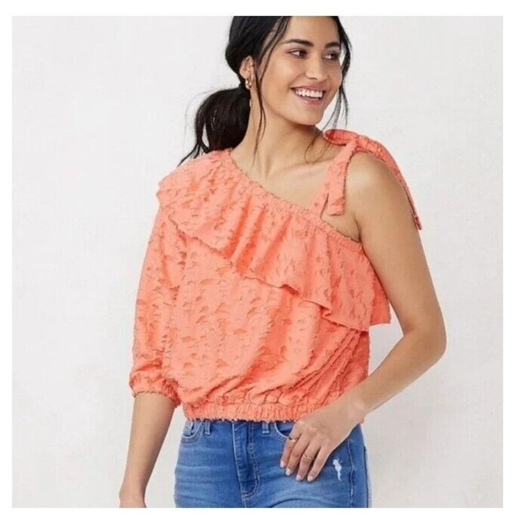 LC Lauren Conrad Women XL One Shoulder Ruffle Tie Blouse Salmon Pink 3/4 Sleeve